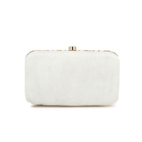 Buy Anekaant Adorn White and Gold Embellished Faux Silk Clutch Online