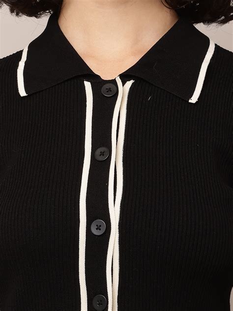 Women Shirt Collar Ribbed Black Shirt – FYVA