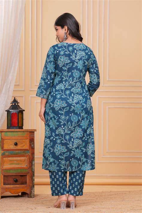 Elegant Teal Blue Floral Printed Kurta Set with Dupatta – Aperture Store