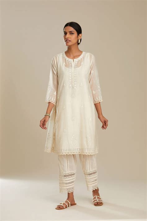 Buy - Off white cotton chanderi short kalidar set | Elan Store