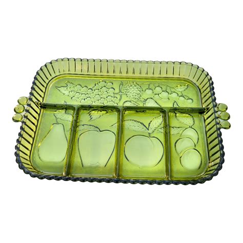Vintage Textured Fruit-Patterned Green Glass Tray | Chairish