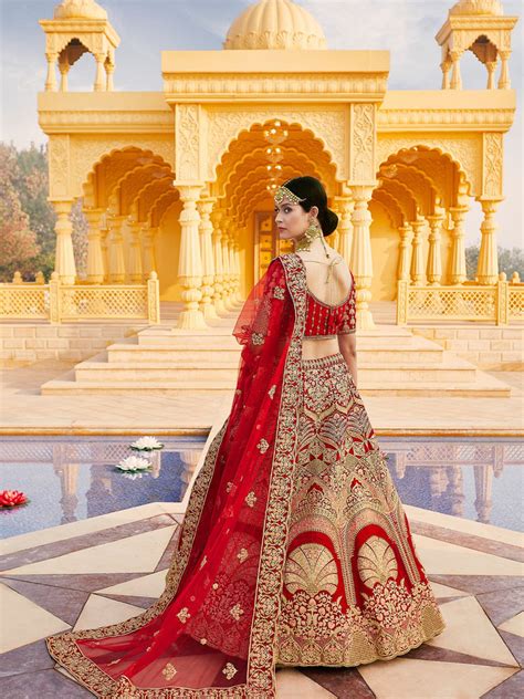 Red Elegant Semi Stitched Lehenga With Unstitched Blouse