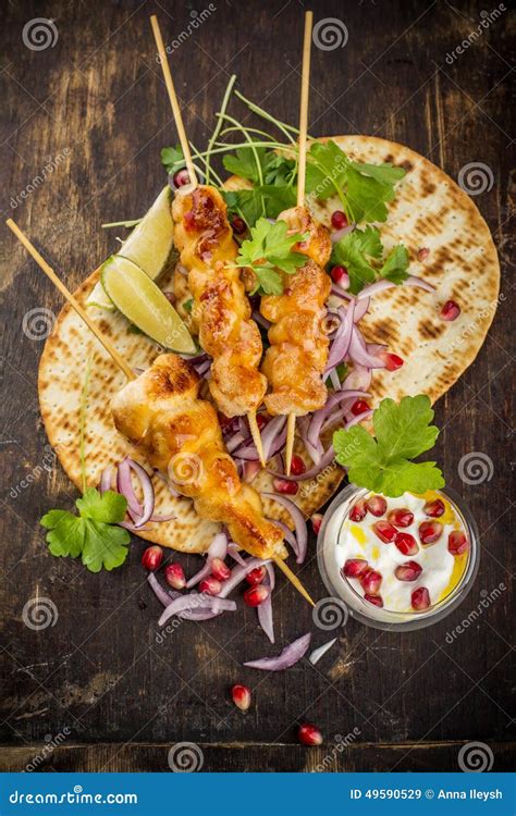 Chicken Skewers and Vegetable Dipping Sauce Stock Image - Image of lime ...