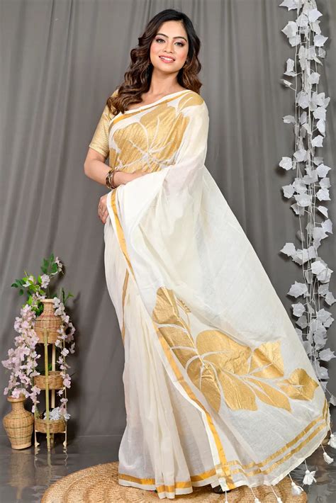 White Cotton Blended Soura Printed Handloom Saree (604) | PuJoy Fashion