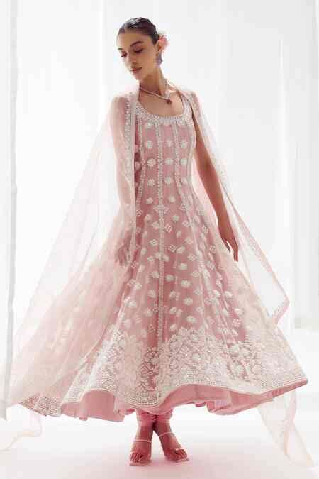 Buy Pink Net, Lycra, Organza Sequins, Embroidery Round Neck Anarkali ...