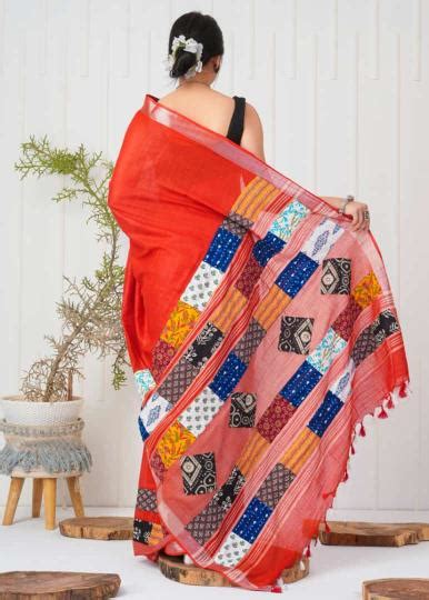 Cherry Red Patchwork Saree – Ranga Chakra