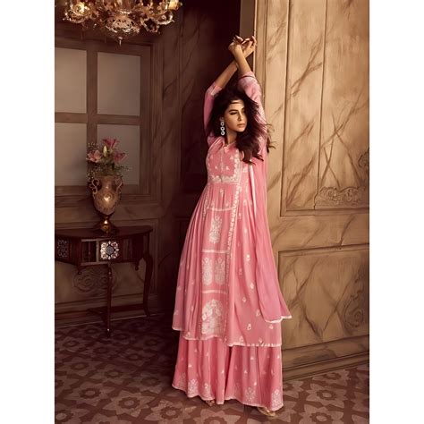 Pink Chikankari Work Yoke Design Pleated Salwar & Flared Palazzo Set ...