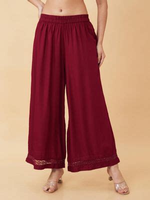 Buy Globus Women Maroon Floral Lace Hem Design Wide Leg Ethnic Palazzos ...