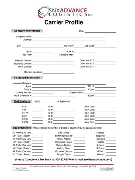 Canada SNX Advance Logistics Carrier Profile Form - Fill Online ...
