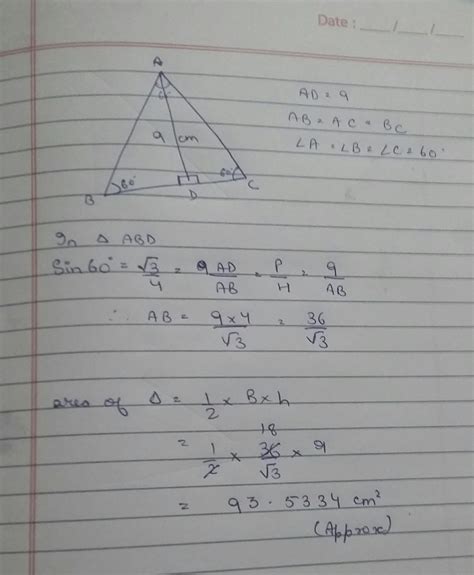 the height of an equilateral triangle measures 9 cm find it's area ...