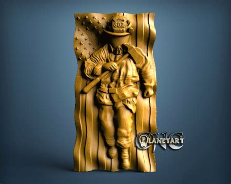 Firefighter on Flag and Axe V3, 3D STL Model 10040 – Cnc Planet Art