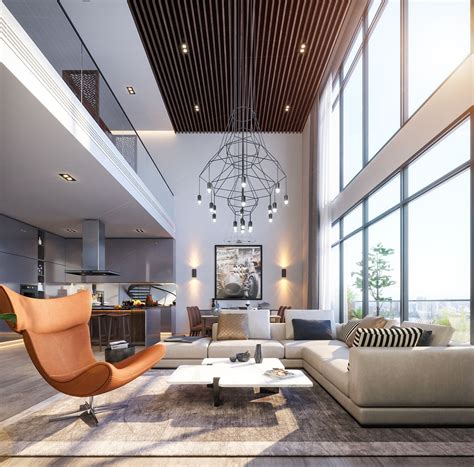 Penthouse TA on Behance | High ceiling living room modern, High ceiling ...