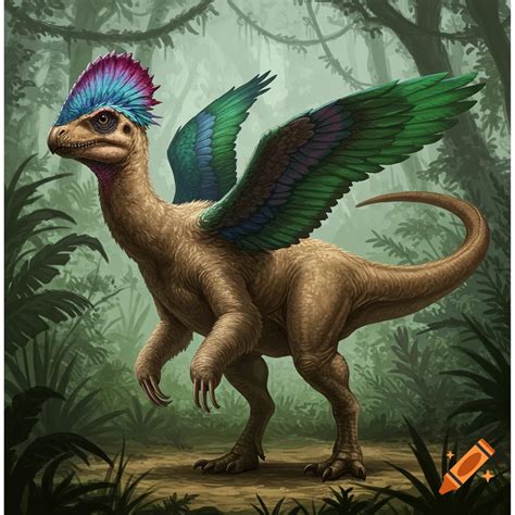 A bird-like dinosaur with a colorful head crest and wings stands in a ...