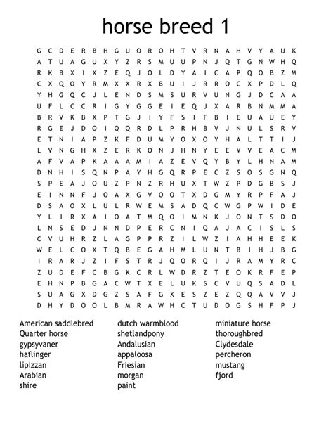 Horse Breeds Word Search - WordMint