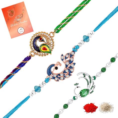 Buy Mahi Combo of 3 Meenakari Work Peacock-Shaped Rakhis with Crystals ...