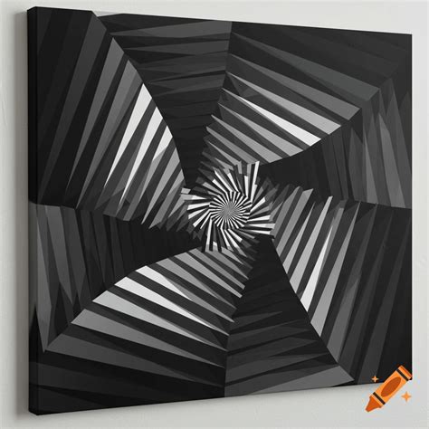 A grayscale optical illusion artwork featuring a central spiral ...