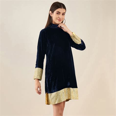 Blue Silk Velvet Dress with Gold Sequin Border — XS to 8XL – First ...