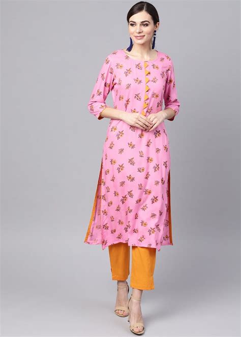 Get Ruffle Trim Contrast Floral Print Tunic With Contrast Pants Set at ...