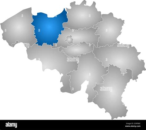 Map of Belgium with the provinces, filled with a radial gradient, East Flanders is highlighted ...