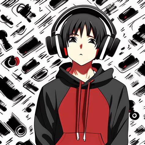 Anime Boy in Black and Red Hoodie with Headphones · Creative Fabrica