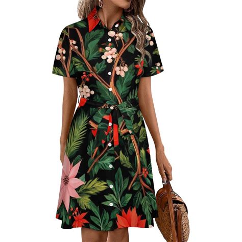 Dark Floral Christmas Poinsettia Print Womens Shirt Dresses Women'S ...