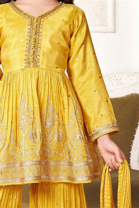 Yellow Zari, Sequins and Beads work Peplum Top and Sharara Set for Gir ...