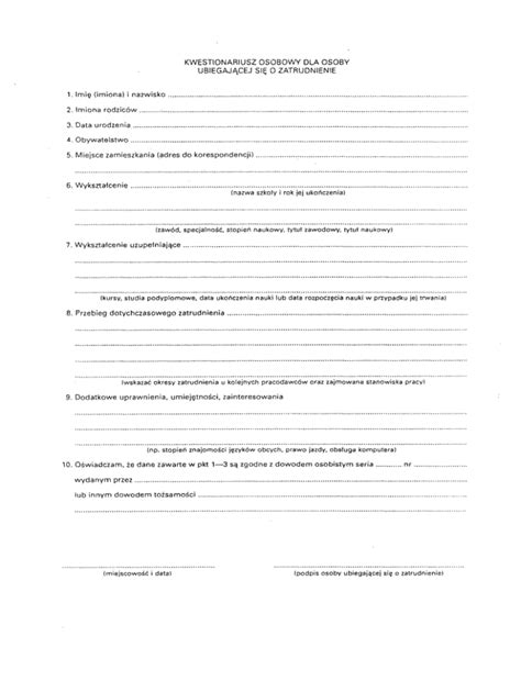 Questionnaire for Employment Application - Blank Fillable Template ...