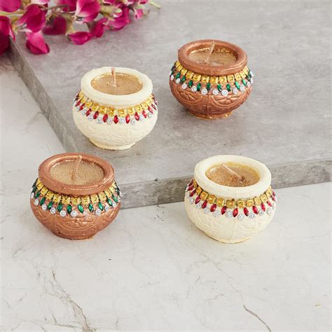 Buy Home Centre Utsav Embellished Multicolour Wax Diyas - Set of 4Pcs ...