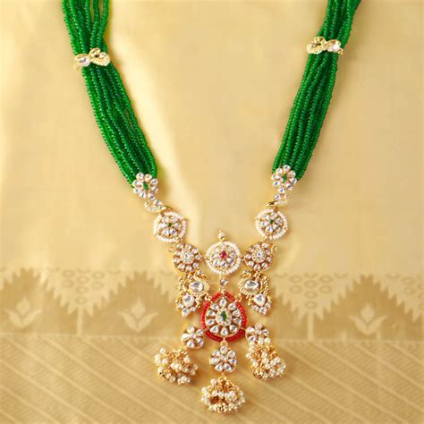 Green Beaded Kundan Necklace with Pearl Clusters in Gold-Plated Silver ...