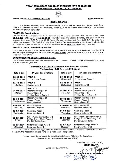 Telangana Inter Time Table 2024