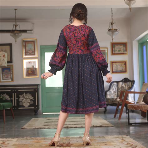 Buy Indigo Printed V Neck Dress | Rustorange