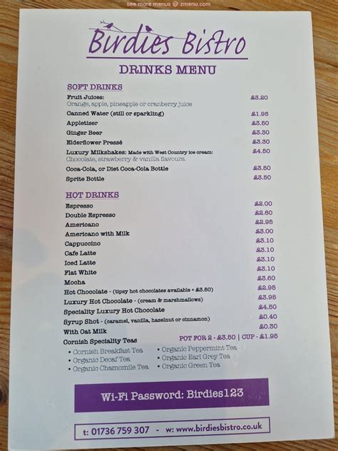 Menu at Birdies Bistro cafe, Hayle