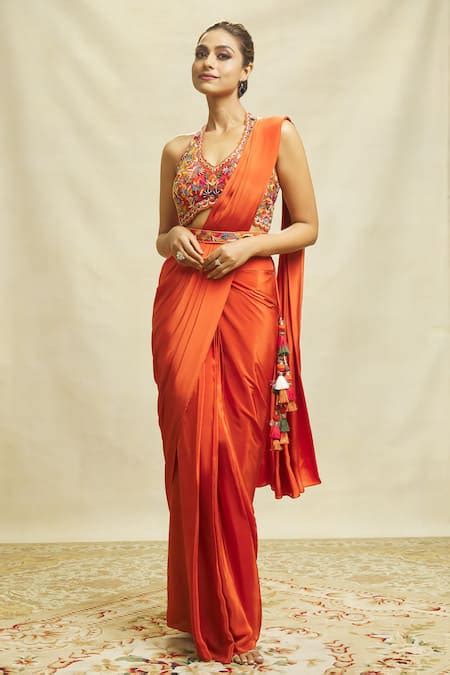 Buy Orange Crepe Embroidery Halter Neck Plain Pre-draped Saree With ...