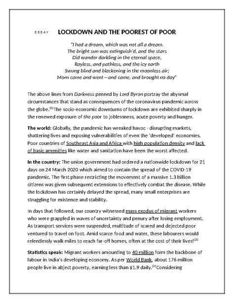Important Essay - LOCKDOWN AND THE POOREST OF POOR “I had a dream ...