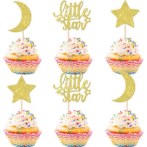 24 PCS Little Star Cupcake Toppers with Moon Gold Glitter Star Cupcake ...