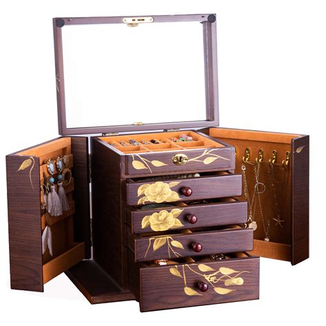 Amazon.com: Wooden Jewelry Box for Women, 5-Layer Large Wood Jewelry ...