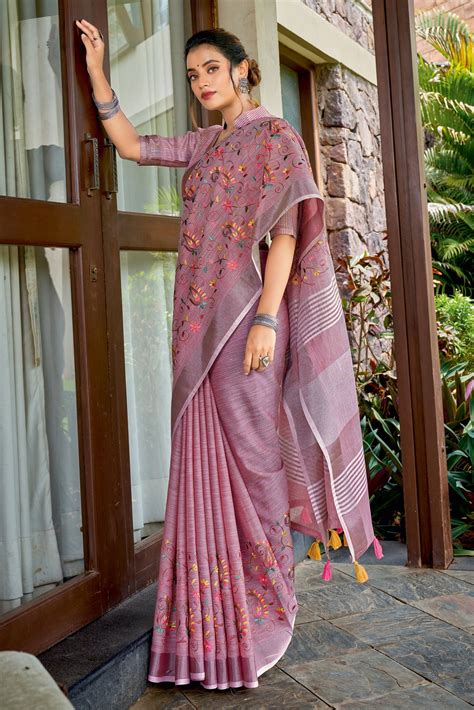 Buy Lilac Purple Linen Saree 37701 Online | Karagiri