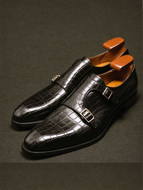 Black Croc Print Leather Lysander Toe Cap Monk Straps – Costoso Italiano