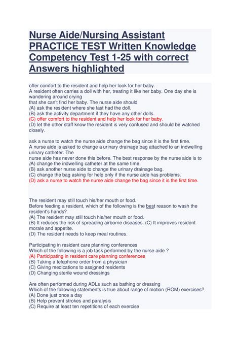 Nurse Aide Nursing Assistant PRACTICE TEST Written Knowledge Competency ...