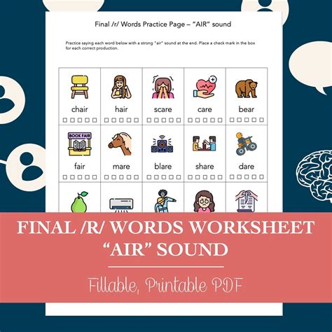 Final R Words AIR Sound Worksheet for Speech Therapy (editable ...