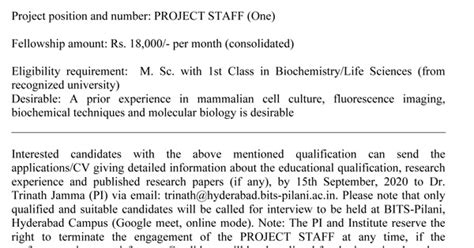BITS Pilani Biochemistry/Molecular Biology Project Openings