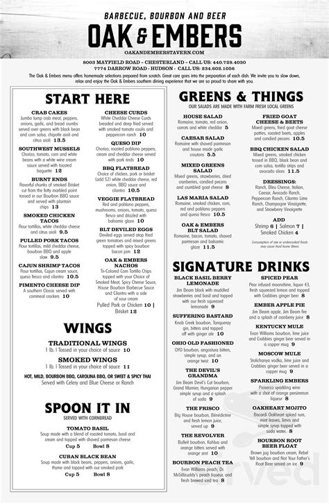 Oak and Embers Tavern menu in Chesterland, Ohio, USA