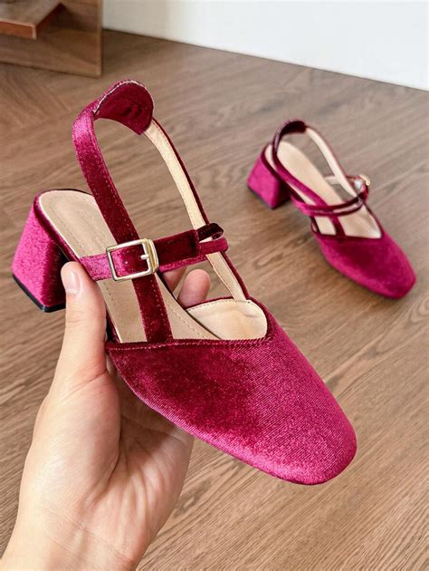 Women Closed Toe One-Strap Velvet High Heel Pumps, Burgundy Red for ...