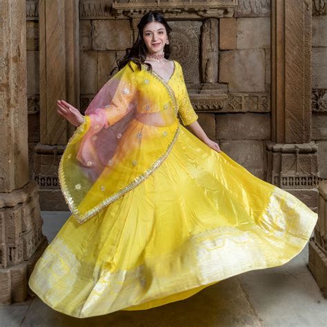 Yellow Pink Banarasee Lucknavi weaving Lehenga Choli by Kalpanas Creat