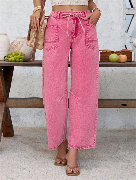 SHEIN LUNE Women's Casual Vacation Low Waist Pink Cropped Jeans Low ...