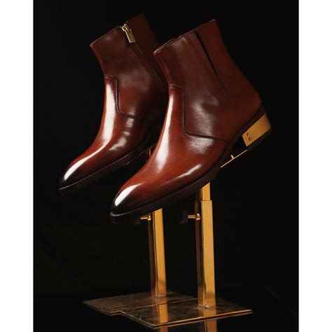 Dark Tan Mirror Glossed Patina Zip Boot + Gold Metal Heel Plate ...