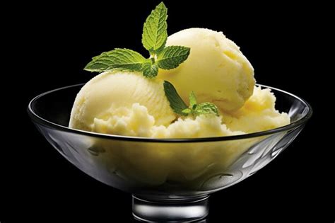 Lemon sorbet with fresh mint sweet creamy ice cream wafer photography ...