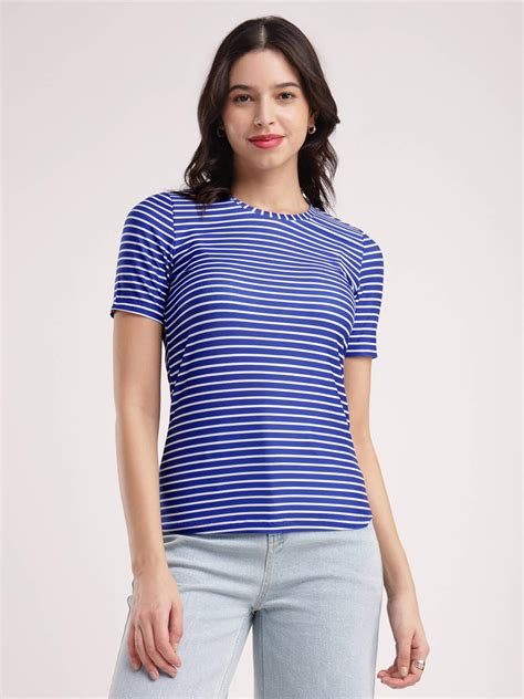 Buy Blue And White Striped Knitted T-Shirt Online | FableStreet