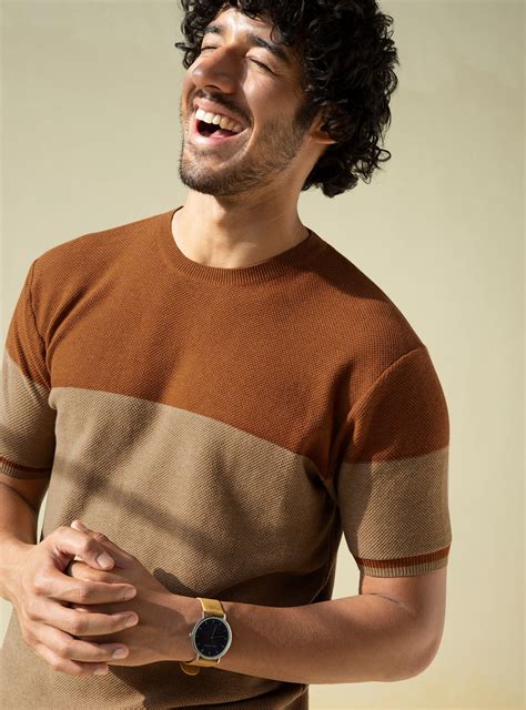 Buy Cedar Tan Colour Block Crew | Casual Khaki Solid Tees for Men ...