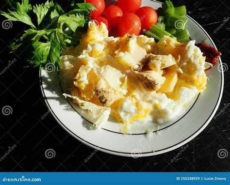 Scrambled Eggs with Vegetables and Cheese on a Plate Stock Image ...